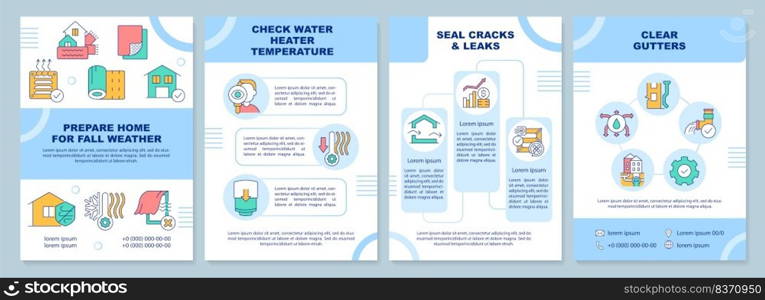 Prepare home for fall weather house blue brochure template. Leaflet design with linear icons. Editable 4 vector layouts for presentation, annual reports. Arial-Black, Myriad Pro-Regular fonts used

. Prepare home for fall weather house blue brochure template