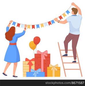 Prepare to birthday. Man and woman hanging garland, vector illustration isolated on white background. Prepare to birthday. Man and woman hanging garland, vector illustration