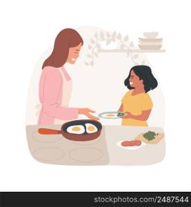 Preparing breakfast isolated cartoon vector illustration. Mom cooking breakfast, preparing eggs, happy family sitting at kitchen table, drinking coffee, daily morning routine vector cartoon.. Preparing breakfast isolated cartoon vector illustration.