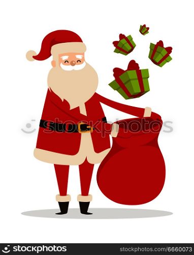 Preparing Christmas presents with Santa Claus. Vector illustration of many green gifts decorated by red ribbon packing in big sack. Old man in warm costume as element of decor for big supermarkets.. Preparing Christmas Presents with Santa Claus
