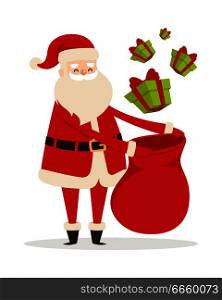 Preparing Christmas presents with Santa Claus. Vector illustration of many green gifts decorated by red ribbon packing in big sack. Old man in warm costume as element of decor for big supermarkets.. Preparing Christmas Presents with Santa Claus