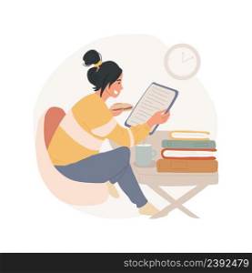 Preparing for exam isolated cartoon vector illustration. Teenage girl snacking and looking at tablet, lot of books on the table, doing homework alone, study hard before exam vector cartoon.. Preparing for exam isolated cartoon vector illustration.