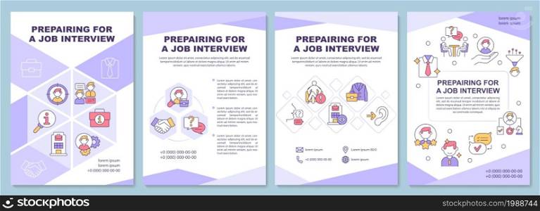Preparing for job interview brochure template. Practice, research. Flyer, booklet, leaflet print, cover design with linear icons. Vector layouts for presentation, annual reports, advertisement pages. Preparing for job interview brochure template