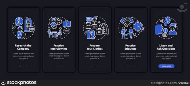 Preparing for job interview dark onboarding mobile app page screen. Practice walkthrough 5 steps graphic instructions with concepts. UI, UX, GUI vector template with linear night mode illustrations. Preparing for job interview dark onboarding mobile app page screen