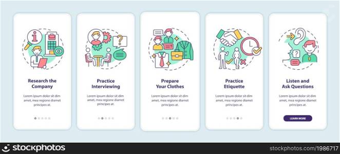 Preparing for job interview onboarding mobile app page screen. Practice walkthrough 5 steps graphic instructions with concepts. UI, UX, GUI vector template with linear color illustrations. Preparing for job interview onboarding mobile app page screen