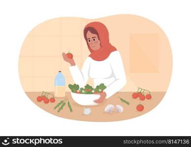 Preparing healthy and delicious salad 2D vector isolated illustration. Woman cooking in kitchen flat character on cartoon background. Colourful editable scene for mobile, website, presentation. Preparing healthy and delicious salad 2D vector isolated illustration