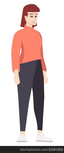 Preparing outfit for autumn weather semi flat RGB color vector illustration. Stylish-looking young woman wearing red sweater isolated cartoon character on white background. Preparing outfit for autumn weather semi flat RGB color vector illustration