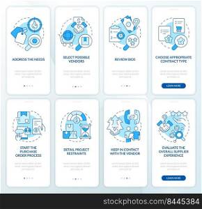 Preparing procurement plan blue onboarding mobile app screen set. Walkthrough 4 steps editable graphic instructions with linear concepts. UI, UX, GUI template. Myriad Pro-Bold, Regular fonts used. Preparing procurement plan blue onboarding mobile app screen set