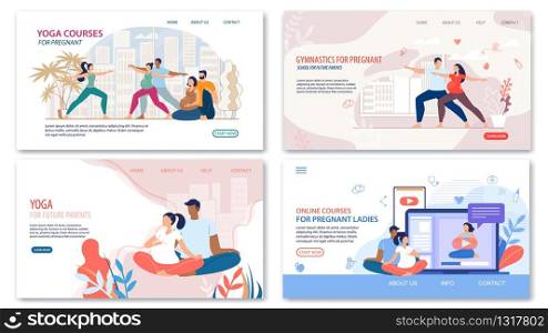 Preparing to Childbirth Courses and Classes Trendy Flat Vector Web Banners, Landing Pages Templates Set. Pregnant Women with Husband Doing Yoga Exercises in Gym, Watching Video Online Illustration