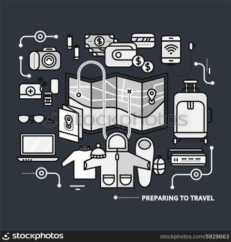 Preparing to travel. Necessary items for the journey. What to pack. Thin, lines, outline icons for web design, analytics, graphic design and in flat design on black monochrome color background