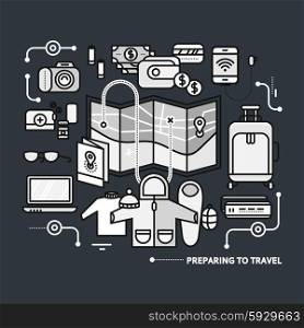Preparing to travel. Necessary items for the journey. What to pack. Thin, lines, outline icons for web design, analytics, graphic design and in flat design on black monochrome color background