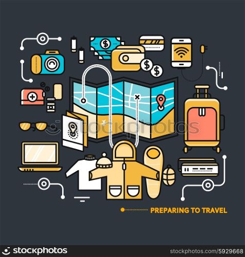 Preparing to travel. Necessary items for the journey. What to pack. Thin, lines, outline icons for web design, analytics, graphic design and in flat design on black color background