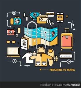 Preparing to travel. Necessary items for the journey. What to pack. Thin, lines, outline icons for web design, analytics, graphic design and in flat design on black color background