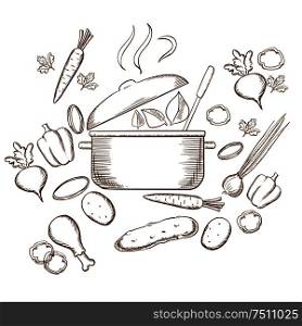 Preparing vegetable soup sketch design with carrot, plate, hot pan, beet, pepper, cucumber, onion, chicken leg, potato, steam and green leaf for vegan food design. Sketch style vector. Preparing vegetable soup sketch design