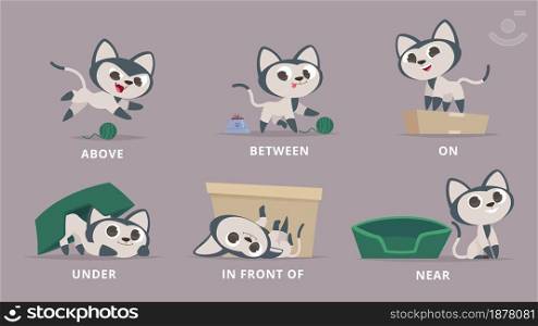 Prepositions. Cat playing with box learning english prepositions on under above near behind preschool grammar vector animal. Education english position, cartoon animal pose illustration. Prepositions. Cat playing with box learning english prepositions on under above near behind preschool grammar vector animal