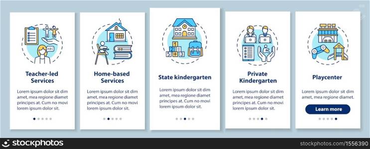 Preschool center types onboarding mobile app page screen with concepts. Playcenter. Private kindergarten. Walkthrough 5 steps graphic instructions. UI vector template with RGB color illustrations. Preschool center types onboarding mobile app page screen with concepts