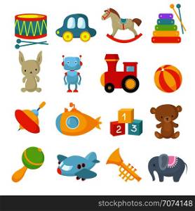 Preschool children toys isolated vector cartoon set. Toy child, ball and pyramid, bear and rabbit illustration. Preschool children toys isolated vector cartoon set