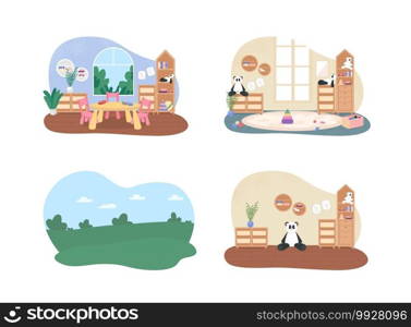 Preschool classes 2D vector web banner, poster set. Kindergarten flat scene on cartoon background. Class for children. Childcare, daycare printable patch, colorful web element collection. Preschool classes 2D vector web banner, poster set