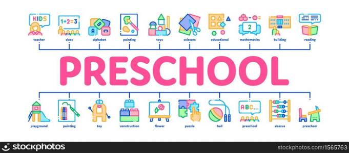 Preschool Education Minimal Infographic Web Banner Vector. Preschool Educational Game And Lessons, Teacher And Kids, Painting And Count Illustration. Preschool Education Minimal Infographic Banner Vector