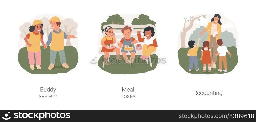 Preschool field trip security isolated cartoon vector illustration set. Buddy system, meal boxes, recounting children, children having lunch outdoor, walk holding hands, excursion vector cartoon.. Preschool field trip security isolated cartoon vector illustration set.