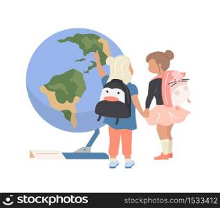 Preschool girls in planetarium flat color vector faceless character. Children look at earth sphere. Astronomy exhibition isolated cartoon illustration for web graphic design and animation. Preschool girls in planetarium flat color vector faceless character