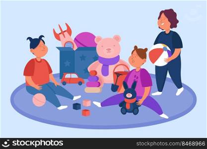 Preschool kids playing with toys in kindergarten. Playtime in classroom with children holding ball and plush bunny, sitting near teddy bear, car flat vector illustration. Fun time in childhood concept. Preschool kids playing with toys in kindergarten