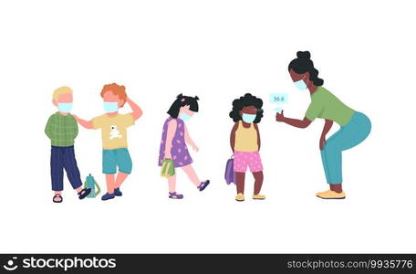 Preschool teacher check kids temperature during covid flat color vector faceless characters. Kindergarten during pandemic. New normal isolated cartoon illustration for web graphic design and animation. Preschool teacher check kids temperature during covid flat color vector faceless characters