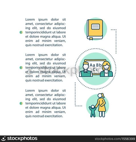 Preschool teacher concept icon with text. Early childhood education. Daycare and schooling. PPT page vector template. Brochure, magazine, booklet design element with linear illustrations. Preschool teacher concept icon with text