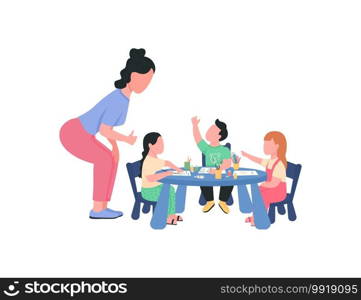 Preschool teacher with children during art class flat color vector faceless characters. Kids drawing pictures. Kindergarten lesson isolated cartoon illustration for web graphic design and animation. Preschool teacher with children during art class flat color vector faceless characters