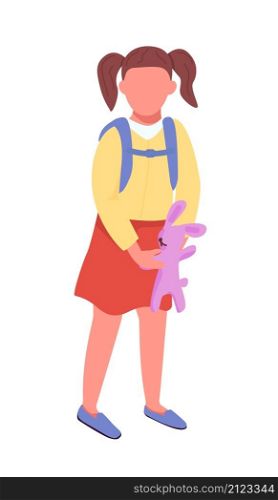 Preschooler girl with toy semi flat color vector character. Standing figure. Full body person on white. Pupil isolated modern cartoon style illustration for graphic design and animation. Preschooler girl with toy semi flat color vector character