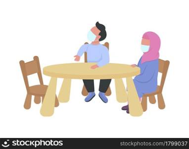 Preschoolers with masks sitting at table semi flat color vector characters. Full body people on white. Safety precautions isolated modern cartoon style illustration for graphic design and animation. Preschoolers with masks sitting at table semi flat color vector characters