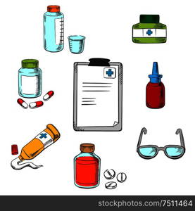 Prescription and medical icons of clipboard drugs and pills, ointment, dosage and liquid medication, dropper and glasses. Prescription and medical objects icons