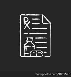 Prescription chalk white icon on black background. Receiving medication prescribed online. Pharmaceutical drugs, vitamins. Physician order for patient. Isolated vector chalkboard illustration. Prescription chalk white icon on black background