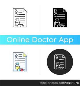 Prescription icon. Receiving medication prescribed online. Pharmaceutical drugs, vitamins. Physician order for patient. Linear black and RGB color styles. Isolated vector illustrations. Prescription icon