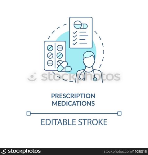 Prescription medications blue concept icon. Pneumonia treatment abstract idea thin line illustration. Drugs against flu viruses. Vector isolated outline color drawing. Editable stroke. Prescription medications blue concept icon