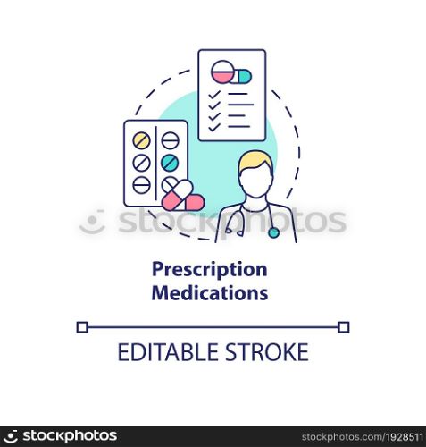 Prescription medications concept icon. Pneumonia treatment abstract idea thin line illustration. Antibiotics for bronchitis. Antivirals intake. Vector isolated outline color drawing. Editable stroke. Prescription medications concept icon