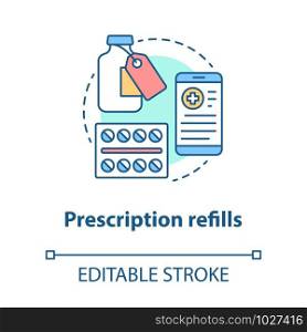Prescription refills concept icon. Pharmacy idea thin line illustration. Medically prescribed drugs shopping, consultation. Taking rx medication. Vector isolated outline drawing. Editable stroke