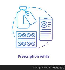 Prescription refills concept icon. Pharmacy idea thin line illustration. Medically prescribed drugs shopping, consultation. Taking rx medication. Vector isolated outline drawing