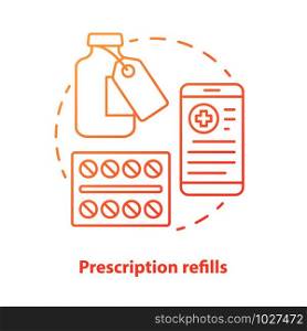 Prescription refills concept icon. Pharmacy idea thin line illustration. Medically prescribed drugs shopping, consultation. Taking rx medication. Vector isolated outline drawing