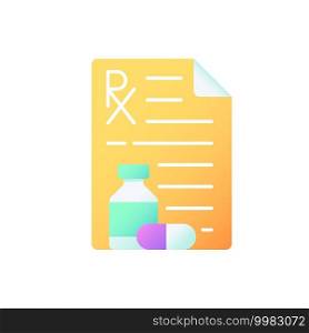 Prescription vector flat color icon. Receiving medication prescribed online. Pharmaceutical drugs. Physician order for patient. Cartoon style clip art for mobile app. Isolated RGB illustration. Prescription vector flat color icon