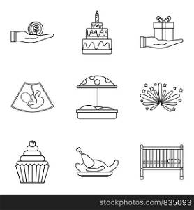 Present a gift icons set. Outline set of 9 present a gift vector icons for web isolated on white background. Present a gift icons set, outline style