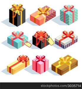 Present and gift boxes. Gift icons and Present boxes. Present and gift color boxes with ribbon bows. 3D isometric vector icons