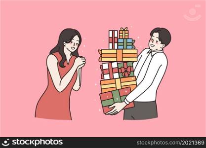 Present and holiday gift concept. Smiling cheerful man carrying stack of holiday presents boxes with ribbons to surprised woman vector illustration . Present and holiday gift concept.