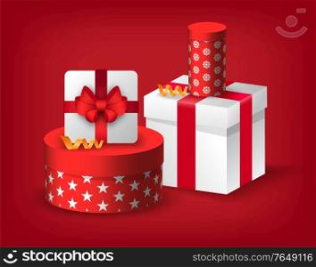 Present box with polka-dotted pattern and wrapping ribbon. Greeting card decorated by traditional geometric symbol of winter holiday. Poster Christmas sale with gift icon and confetti vector. Christmas Postcard with Gift Box, Sale Ad Vector