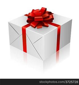 Present box with red ribbon and bow.