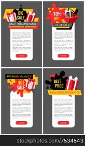 Present boxes in shopping basket, promotional sellout and clearance, price fall tags. Hot sale, big offer on exclusive products set vector web site templates.. Present Boxes in Shopping Basket, Promo Posters
