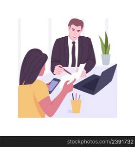 Present business plan isolated cartoon vector illustrations. Woman presents new business plan to manager, brainstorming process, discussing startup, cooperation and communication vector cartoon.. Present business plan isolated cartoon vector illustrations.
