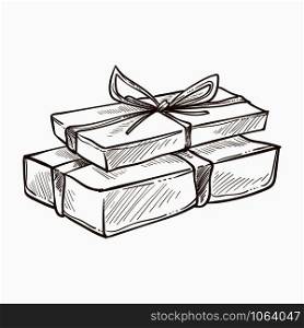 Present decorated with ribbon and row isolated icon vector monochrome sketch outline gift with surprise inside holidays tradition of giftboxes exchanging merry christmas and happy new year sign.. Present decorated with ribbon and row isolated icon vector monochrome sketch outline gift with surprise inside