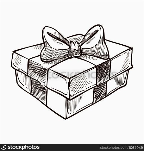 Present decorated with ribbon and row isolated icon vector monochrome sketch outline gift with surprise inside holidays tradition of giftboxes exchanging merry christmas and happy new year sign.. Present decorated with ribbon and row isolated icon vector monochrome sketch outline gift with surprise inside
