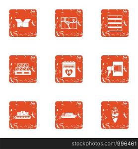 Present delivery icons set. Grunge set of 9 present delivery vector icons for web isolated on white background. Present delivery icons set, grunge style